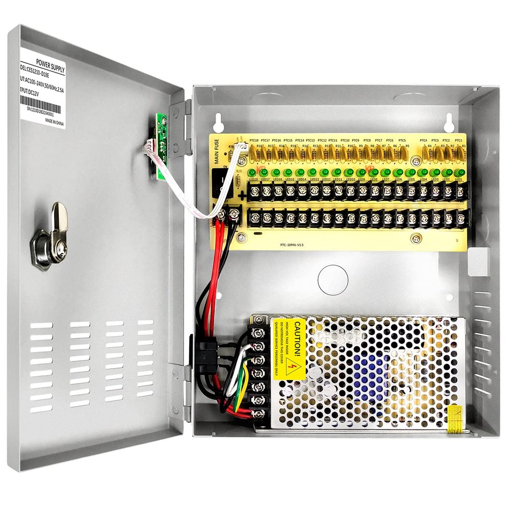 18 Channel 12 Volt DC Output 10A CCTV Distributed Power Supply Box for Security Camera with AC Plug and Lock for Security Cameras, DVRs, CCTV Power Supply (10A 18-Channel)