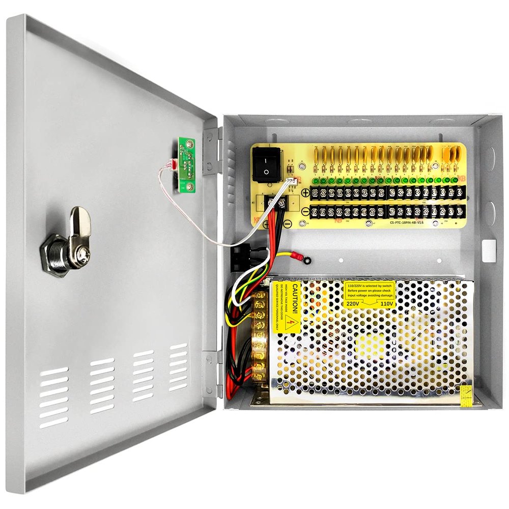 18 Channel 12 Volt DC Output 20A CCTV Distributed Power Supply Box for Security Camera with AC Plug and Lock for Security Cameras, DVRs, CCTV Power Supply (20A 18-Channel)