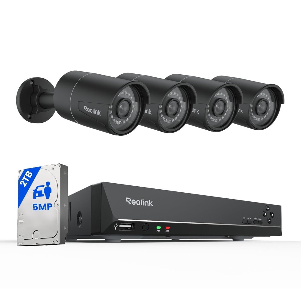 REOLINK 8CH 5MP PoE Security Camera System, 4pcs Wired PoE IP Cameras Outdoor with Person/Pet/Vehicle Detection, 4K 8CH NVR with 2TB HDD for 24-7 Recording, RLK8-410B4-5MP Black