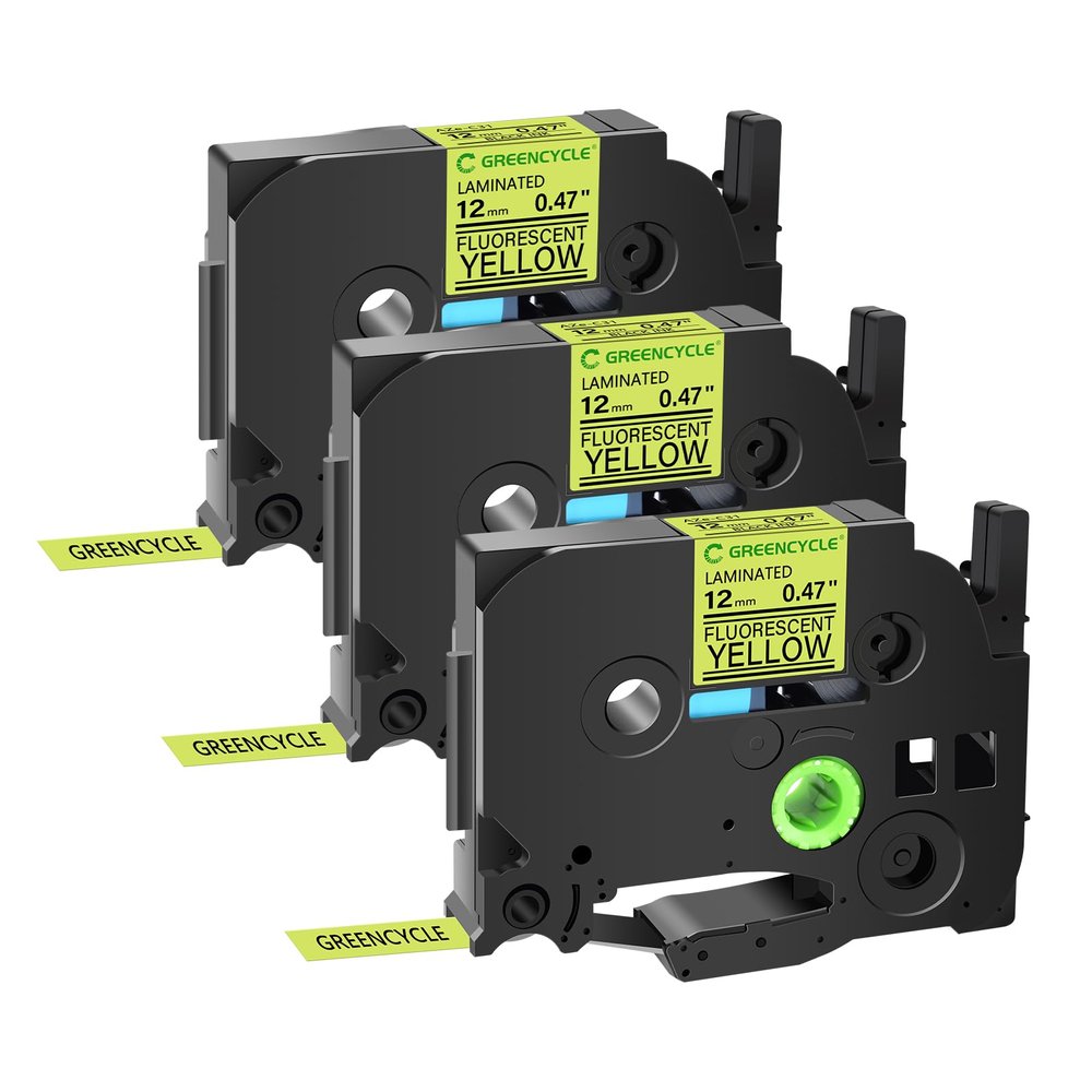 GREENCYCLE Compatible for TZ TZE C31 TZe-C31 AZE C31 0.47 Inch 1/2" Black on Fluorescent Yellow Laminated Label Tape 12mm x 5m for PTD210 D400AD D600 PTH100 PTH110 PT1290 PT-1230PC, 3 Pack
