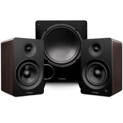 Fluance Ai61 Powered 6.5" Stereo Bookshelf Speakers and DB10 10" Low Frequency Ported Front Firing Powered Subwoofer with 15 Feet RCA Ultimate Performance Collection Subwoofer Cable (Natural Walnut)