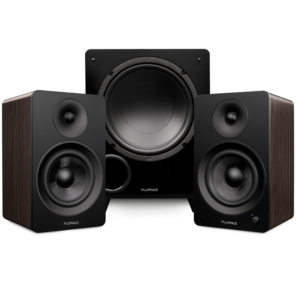Fluance Ai61 Powered 6.5" Stereo Bookshelf Speakers and DB10 10" Low Frequency Ported Front Firing Powered Subwoofer with 15 Feet RCA Ultimate Performance Collection Subwoofer Cable (Natural Walnut)