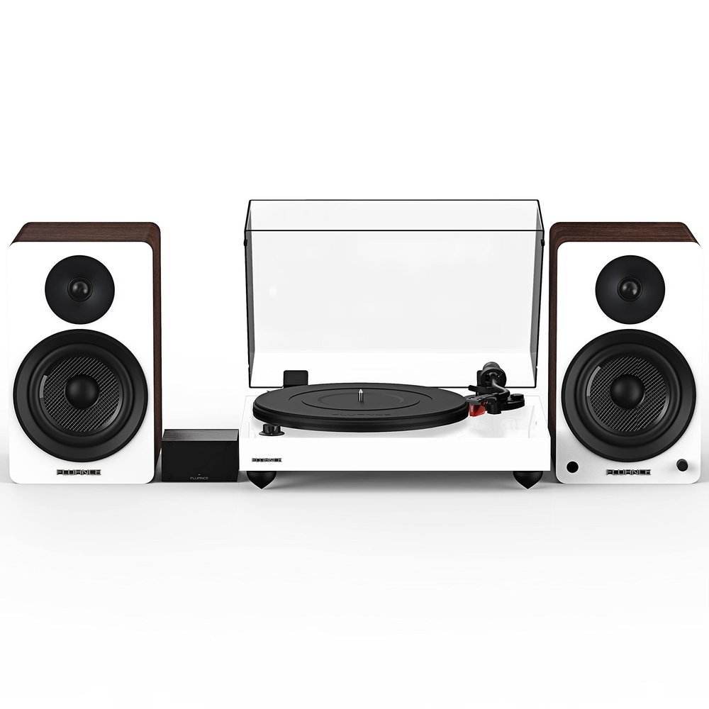 Fluance Reference RT83 High Fidelity Vinyl Turntable (White), PA10 Phono Preamp, Ai61 Powered 6.5" Bookshelf Speakers (White Walnut), Ortofon 2M Red Cartridge, 120W Class D Amplifier, Bluetooth