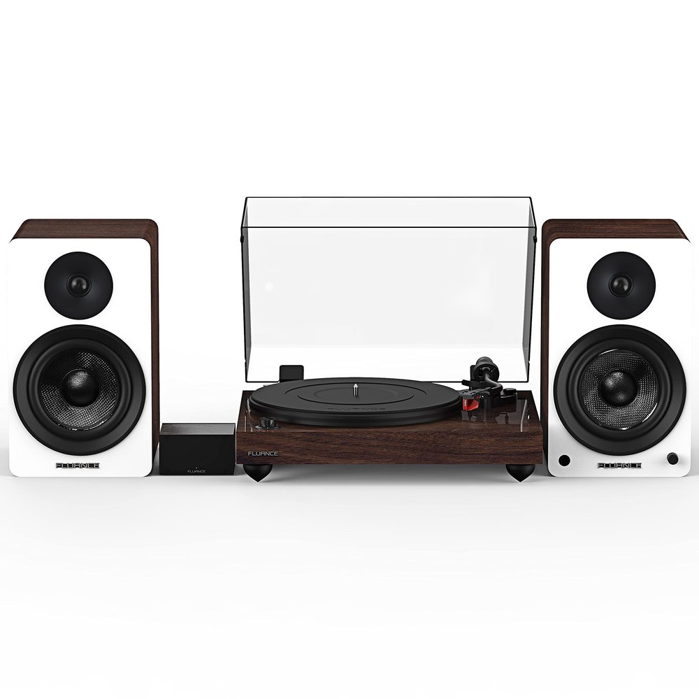 Fluance Reference RT83 High Fidelity Vinyl Turntable (Walnut), PA10 Phono Preamp, Ai61 Powered 6.5" Bookshelf Speakers (White Walnut), Ortofon 2M Red Cartridge, 120W Class D Amplifier, Bluetooth