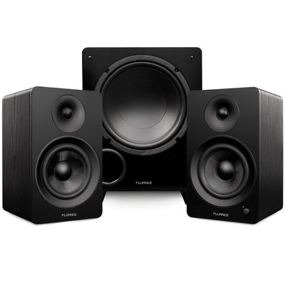 Fluance Ai61 Powered 6.5" Stereo Bookshelf Speakers and DB10 10" Low Frequency Ported Front Firing Powered Subwoofer with 15 Feet RCA Ultimate Performance Collection Subwoofer Cable (Black Ash)