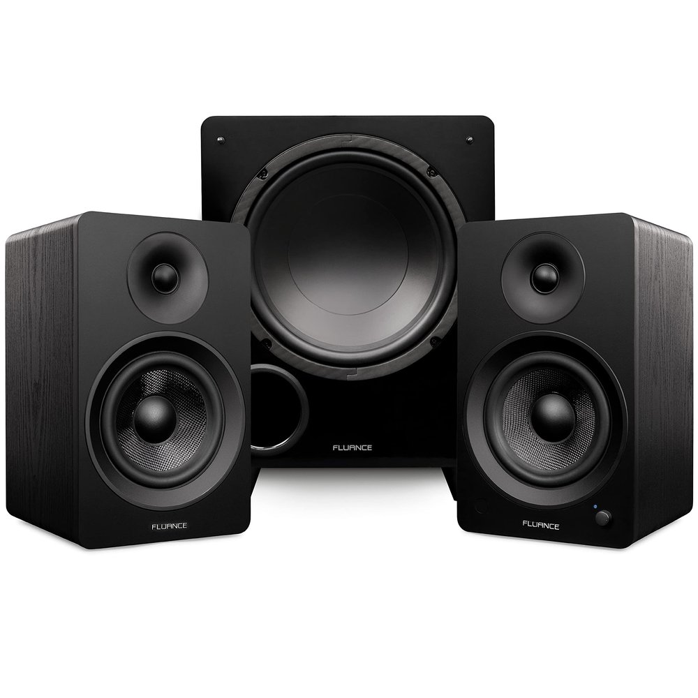 Fluance Ai61 Powered 6.5" Stereo Bookshelf Speakers and DB10 10" Low Frequency Ported Front Firing Powered Subwoofer with 15 Feet RCA Ultimate Performance Collection Subwoofer Cable (Black Ash)