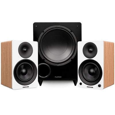 Fluance Ai41 Powered 5" Stereo Bookshelf Speakers (Lucky Bamboo), DB10 10" Low Frequency Ported Front Firing Powered Subwoofer (Black Ash), 15 Feet RCA Ultimate Performance Collection Subwoofer Cable