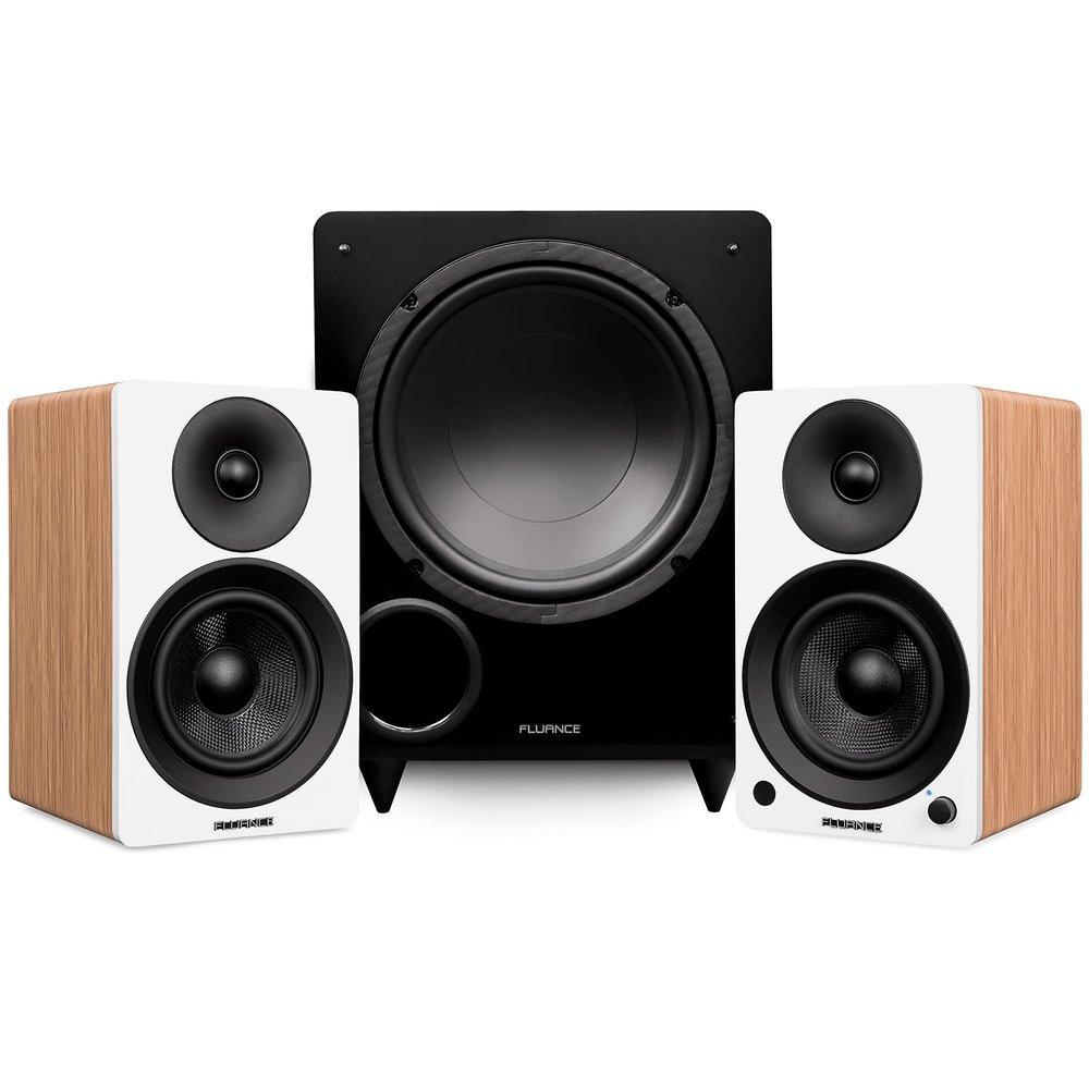 Fluance Ai41 Powered 5" Stereo Bookshelf Speakers (Lucky Bamboo), DB10 10" Low Frequency Ported Front Firing Powered Subwoofer (Black Ash), 15 Feet RCA Ultimate Performance Collection Subwoofer Cable