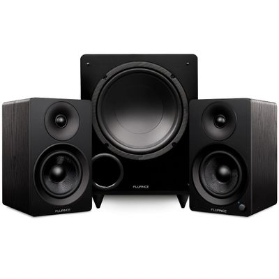 Fluance Ai41 Powered 5" Stereo Bookshelf Speakers and DB10 10" Low Frequency Ported Front Firing Powered Subwoofer with 15 Feet RCA Ultimate Performance Collection Subwoofer Cable (Black Ash)