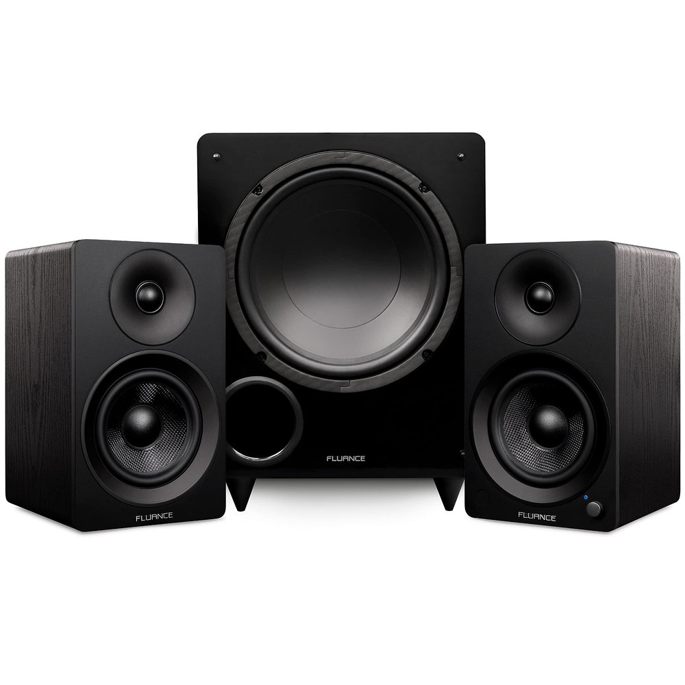Fluance Ai41 Powered 5" Stereo Bookshelf Speakers and DB10 10" Low Frequency Ported Front Firing Powered Subwoofer with 15 Feet RCA Ultimate Performance Collection Subwoofer Cable (Black Ash)