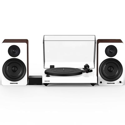 Fluance Reference RT82 High Fidelity Vinyl Turntable (White), PA10 Phono Preamp, Ai61 Powered 6.5" Bookshelf Speakers (White Walnut), Ortofon OM10 Cartridge, 120W Class D Amplifier, Bluetooth