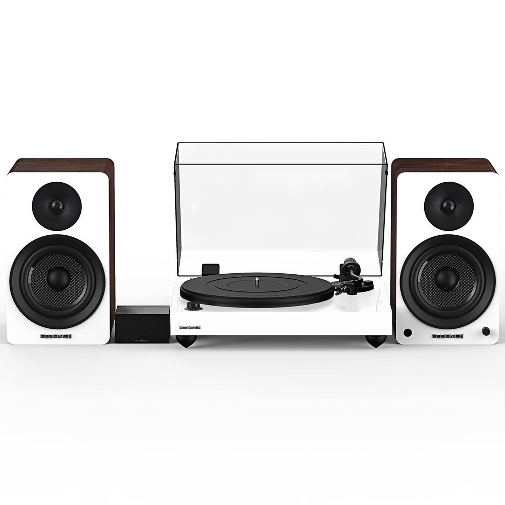 Fluance Reference RT82 High Fidelity Vinyl Turntable (White), PA10 Phono Preamp, Ai61 Powered 6.5" Bookshelf Speakers (White Walnut), Ortofon OM10 Cartridge, 120W Class D Amplifier, Bluetooth