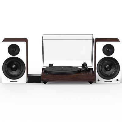 Fluance Reference RT82 High Fidelity Vinyl Turntable (Natural Walnut), PA10 Phono Preamp, Ai61 Powered 6.5" Bookshelf Speakers (White Walnut), Ortofon OM10 Cartridge, 120W Class D Amplifier, Bluetooth