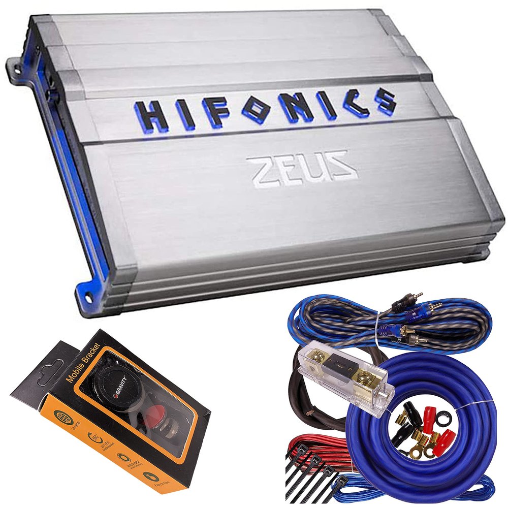 Hifonics ZG-2400.1D Zeus Gamma 1 Channel Super D Class 2400 Watt Car Audio Sound System Subwoofer Speaker Amp Amplifier with Gravity Magnet Phone Holder and 4 Gauge Kit Blue Bundle