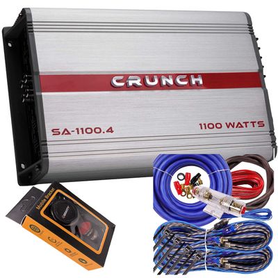 Crunch SA-1100.4 Smash Series 1,100-Watt 4-Channel Class AB Amp Car Audio Sound System Subwoofer Speaker Amp Amplifier with Gravity Magnet Phone Holder and 4 Gauge Kit Blue Bundle