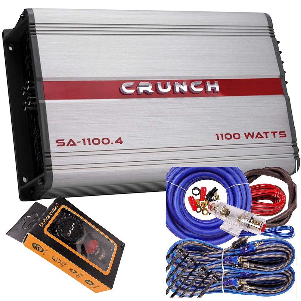 Crunch SA-1100.4 Smash Series 1,100-Watt 4-Channel Class AB Amp Car Audio Sound System Subwoofer Speaker Amp Amplifier with Gravity Magnet Phone Holder and 4 Gauge Kit Blue Bundle