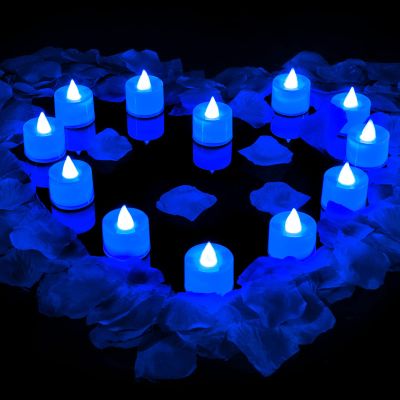 Honoson 12 Pcs Blue LED Tea Light Candle with 600 Pcs Artificial Blue Rose Petals for Romantic Night Proposal Valentine Anniversary Wedding Honeymoon