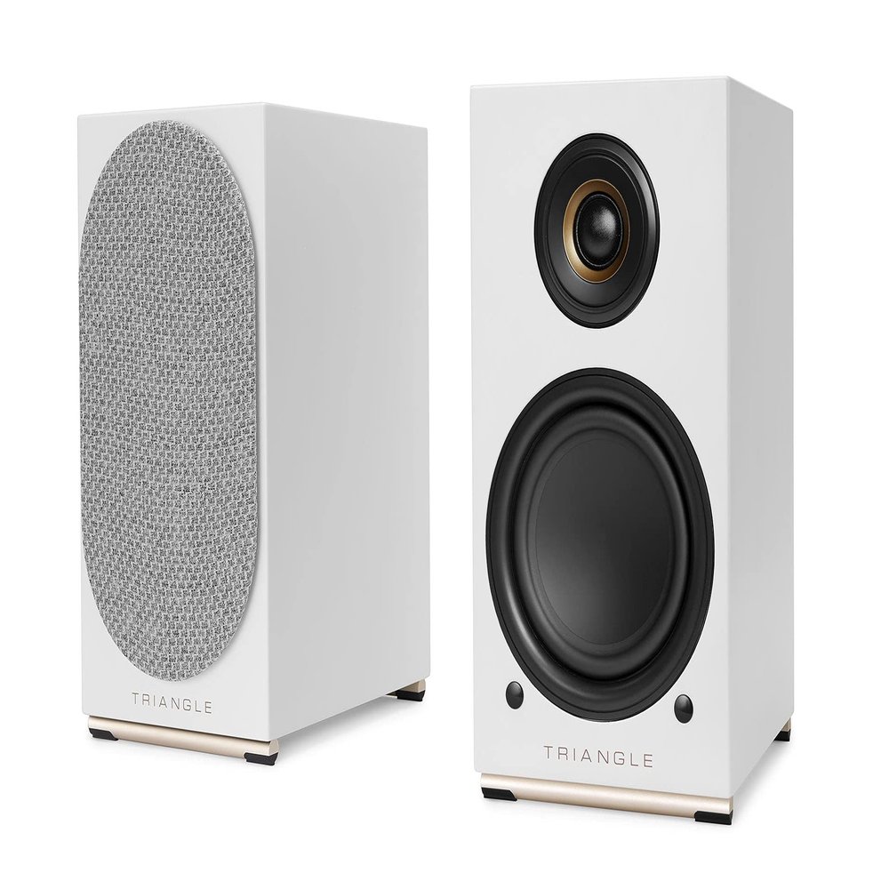 triangle - AIO Twin - Wi-Fi & Bluetooth Active Bookshelf Speakers with 2x50W Amplifier - HD Audio - Phono/Turntable + Optical TV Inputs - 165 x 304 x 235 mm - White (Pair)