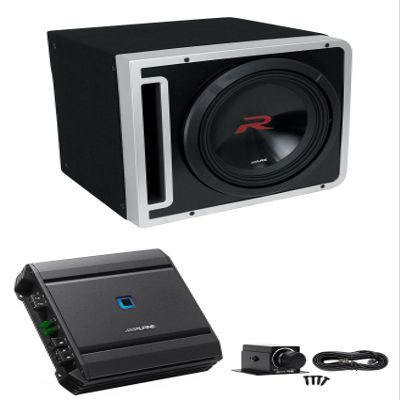 Alpine R2-SB12V 12" Loaded Subwoofer Box w/ R2-W12D4 Sub+S-A60M Amp+Bass Knob