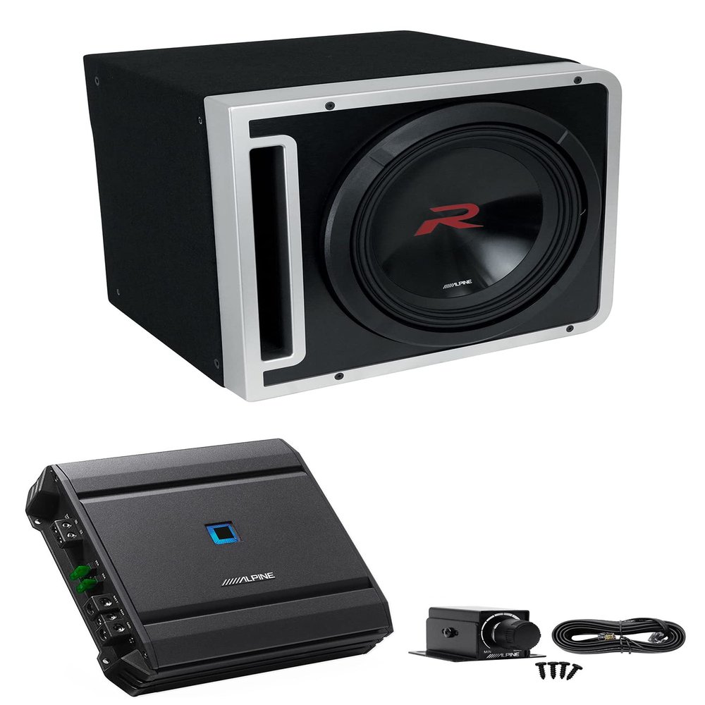 Alpine R2-SB12V 12" Loaded Subwoofer Box w/ R2-W12D4 Sub+S-A60M Amp+Bass Knob