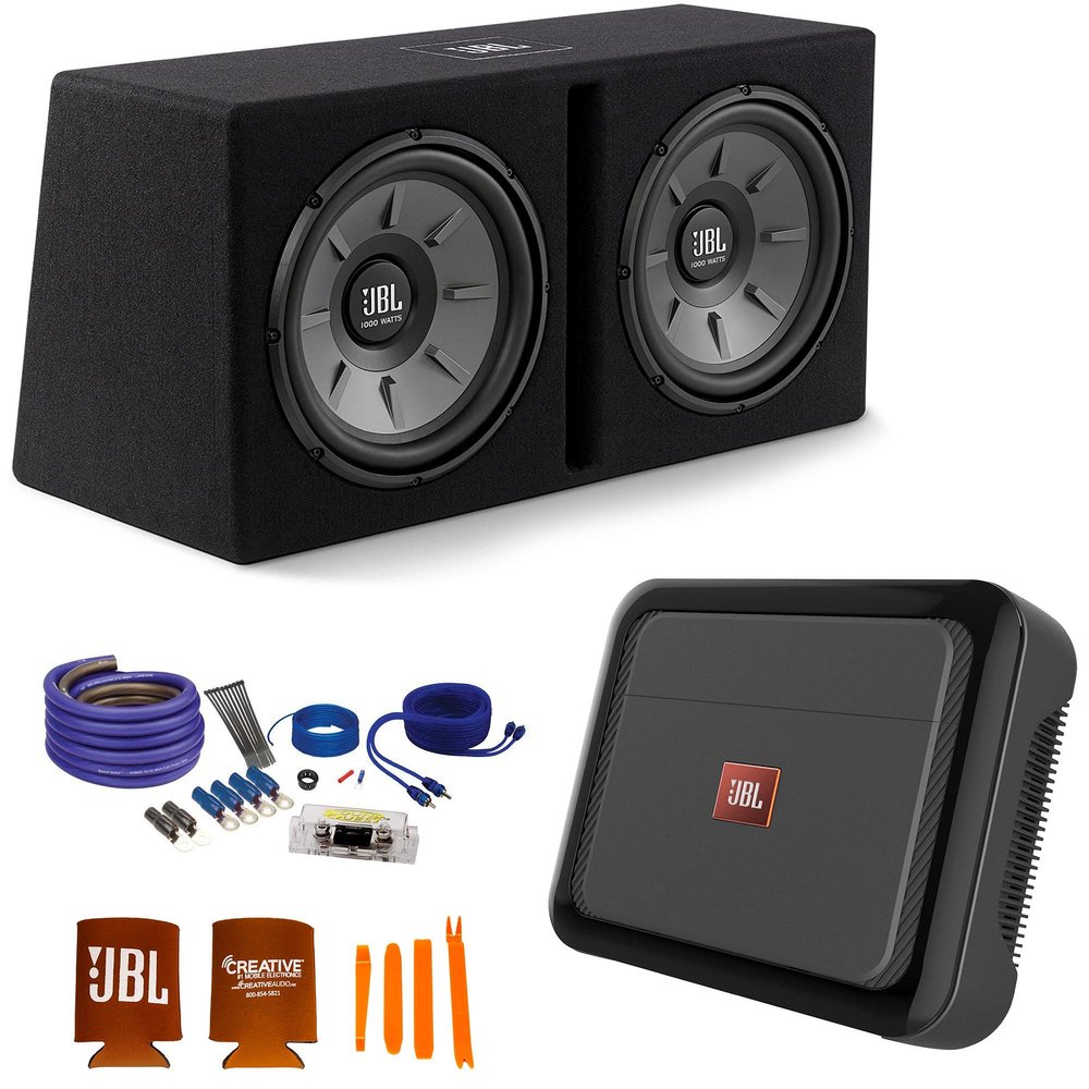 JBL JBLSTAGE1220BAM 2-12" Loaded Subwoofer Enclosure Club-A6001A 600 Watt Mono Amplifier and Wiring Kit