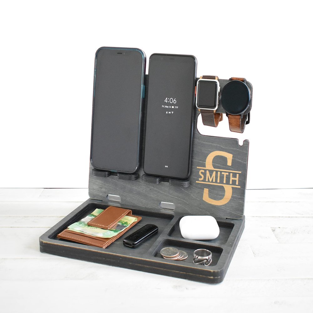 2 Phone Wooden Docking Station, Personalized desk organizer, Nightstand Docking Station, Gift for Men, Anniversary Gift, Fathers Day Gift