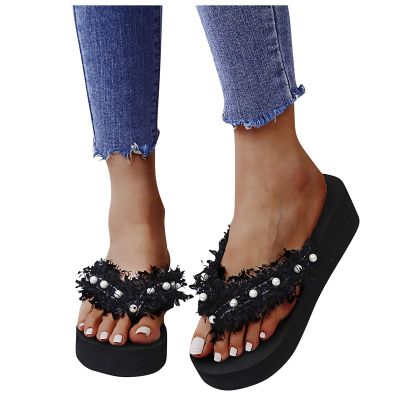ZBYY Women Flat Sandals Shoes,Fashion T Strap Summer Flip Flops Platform Wedge Sandal Pearl Flat Beach Sandal Slipper