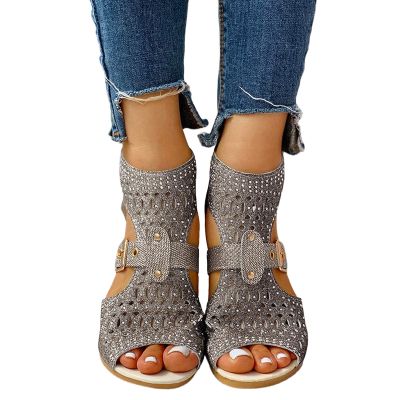 ZBYY Women's Vintage Crystal Outdoor Hollow Out Zip Up Dress Beach Sandals Slip On Open Toe Breathable Platform Sandals