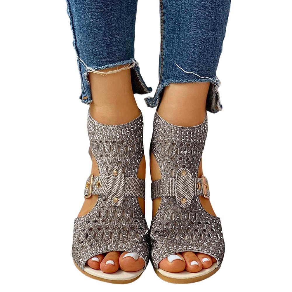 ZBYY Women's Vintage Crystal Outdoor Hollow Out Zip Up Dress Beach Sandals Slip On Open Toe Breathable Platform Sandals