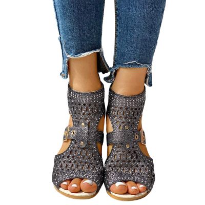 ZBYY Women's Vintage Crystal Outdoor Hollow Out Zip Up Dress Beach Sandals Slip On Open Toe Breathable Platform Sandals