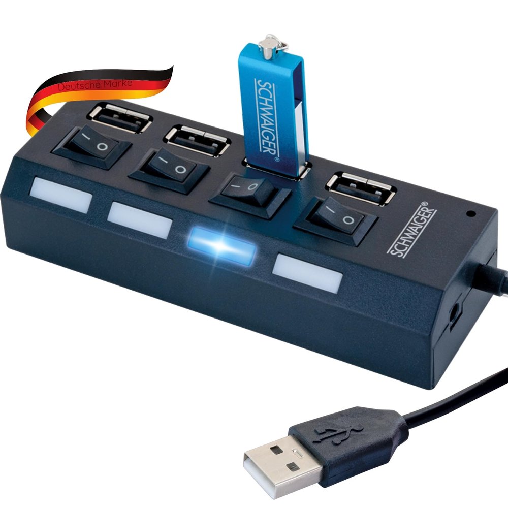 SCHWAIGER -UH4 013- 4-way USB hub for expanding USB port | for all Windows and Mac systems | can be individually switched on and off