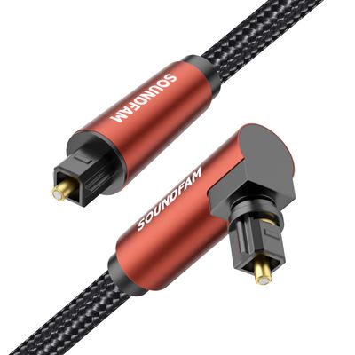 SOUNDFAM 90-Degree Optical Audio Cable, 360 Rotatable Toslink Digital Optical Cable with PVC & Cotton Braided Jacket, 15000+ Bend Lifespan for Home Theater/Soundbar/TV (10Feet/3M)