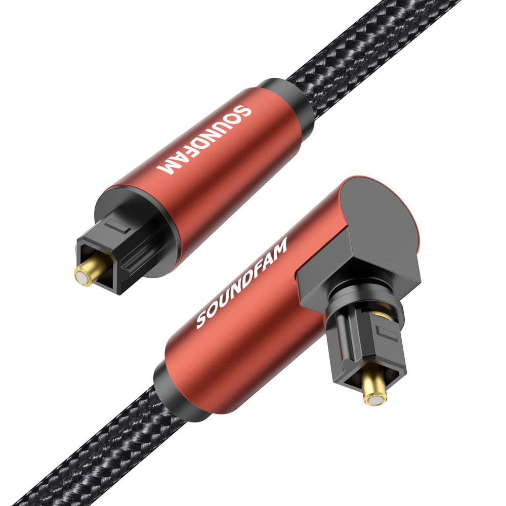 SOUNDFAM 90-Degree Optical Audio Cable, 360 Rotatable Toslink Digital Optical Cable with PVC & Cotton Braided Jacket, 15000+ Bend Lifespan for Home Theater/Soundbar/TV (10Feet/3M)