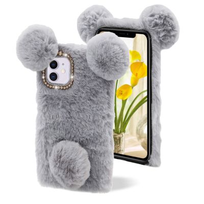LCHDA Plush Case for Samsung Galaxy A02s, Cute 3D Panda Ears Furry Hairball Fuzzy Soft Faux Fur Winter Warm Fluffy Flexible TPU Bumper Shockproof Protective Cover with Bling Diamond - Gray