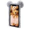 LCHDA Plush Case for Samsung Galaxy A02s, Cute 3D Panda Ears Furry Hairball Fuzzy Soft Faux Fur Winter Warm Fluffy Flexible TPU Bumper Shockproof Protective Cover with Bling Diamond - Gray view 3