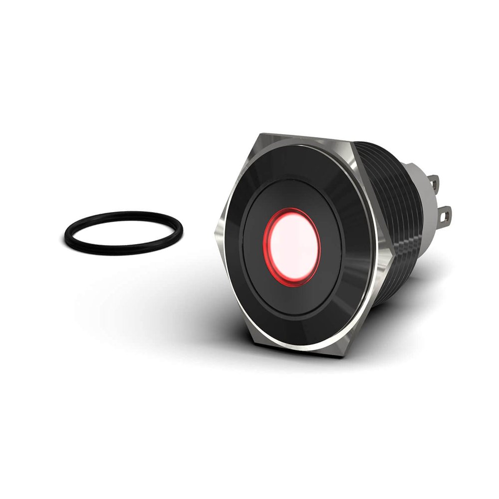 PrimoChill Black Aluminum Momentary Vandal Resistant Switch - 16mm - Red LED Dot