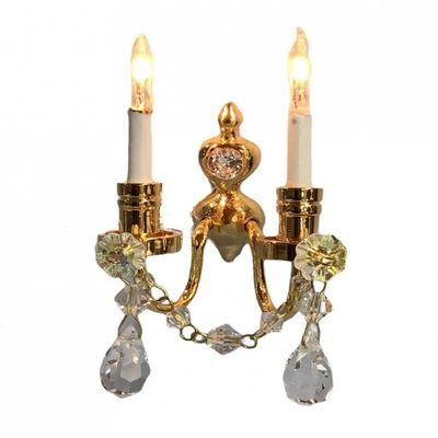Dollhouse Real Crystal Double Candle Wall Sconce Gold Lamp 12V Electric Light