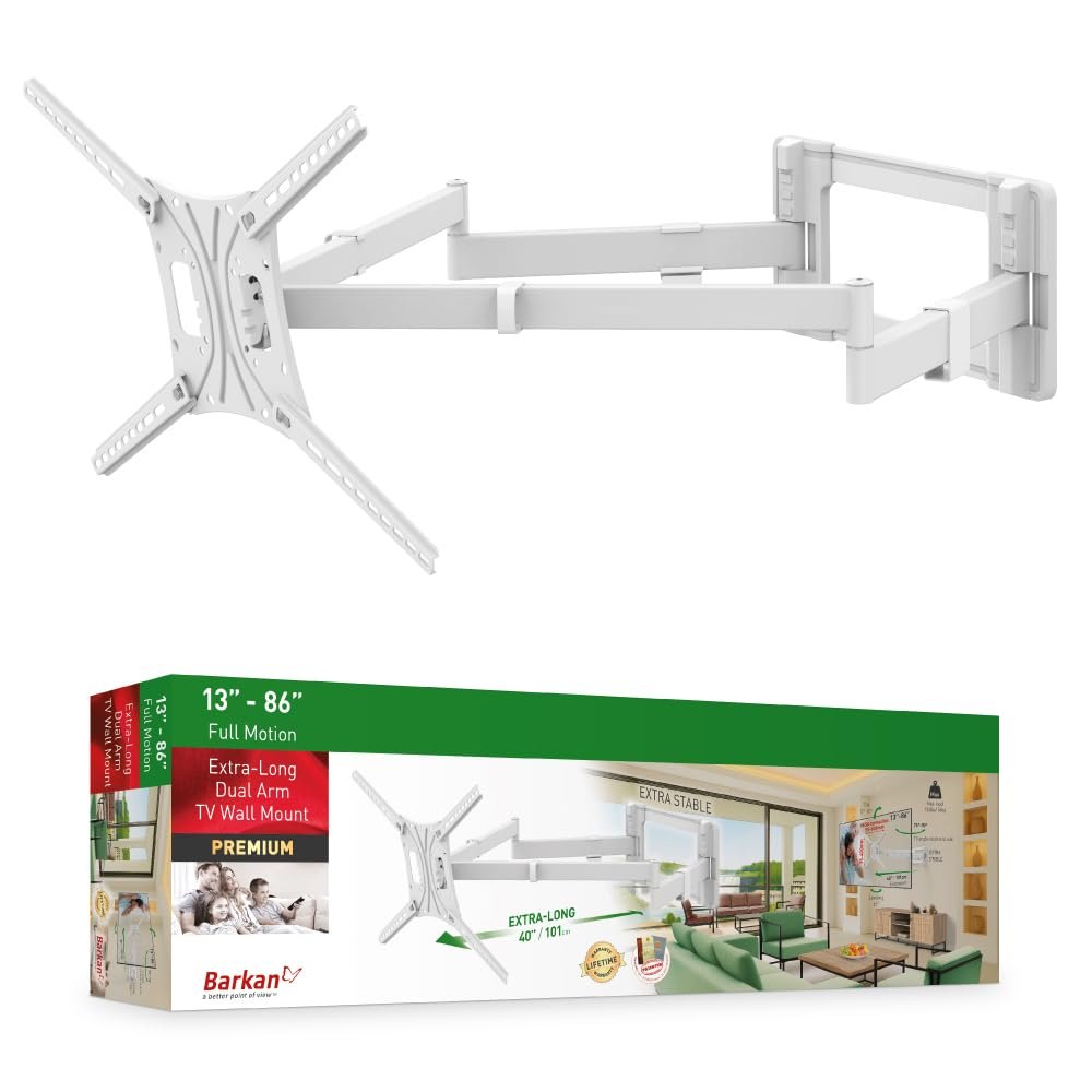 Barkan 40" Long White TV Wall Mount, 13 - 80 inch Dual Arm Full Motion Articulating - 4 Movement Flat / Curved Screen Bracket, Holds up to 110lbs, Extra Stable, Fits LED OLED LCD