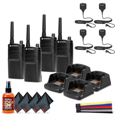 4 x Motorola RMU2040 On-Site 2-Way Radio (RMU2040) + 4 x HKLN4606 Remote Speaker Mic + Mic Cleaner + 4 x Microfiber Cloth + Straps - 4 Pack with Mic Bundle