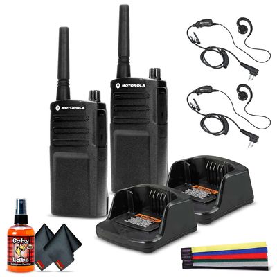 2 x Motorola RMU2040 On-Site 2-Way Radio (RMU2040) + 2 x Motorola HKLN4604 PTT Earpiece + Mic Cleaner + 2 x Microfiber Cloth + Straps - 2 Pack with Mic Bundle