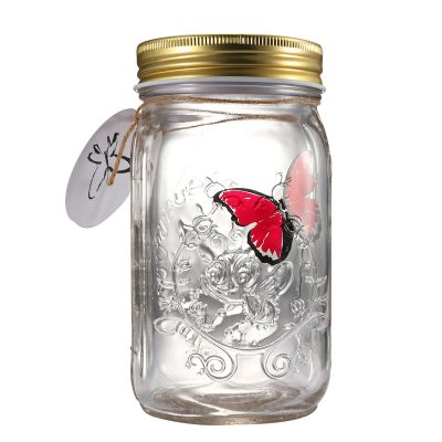 Butterfly in a Glass Jar, Hsxxf LED Lamp Jar Animated Butterfly in A Jar Tap to Activate Gift Decoration (Red)