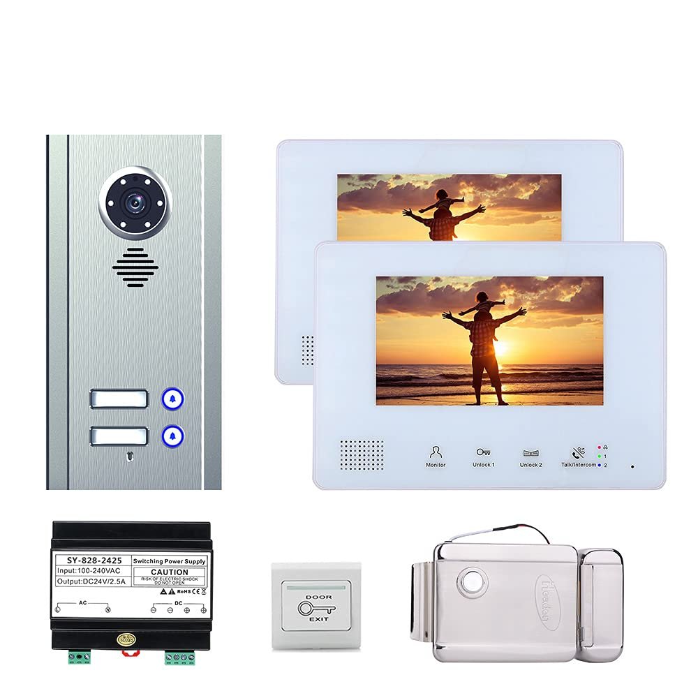 7 Inch Bus 2 Wire Video Door Phone Intercom Systems Kit for Home 2 Apartment Electronic Door Lock Home Night Vision