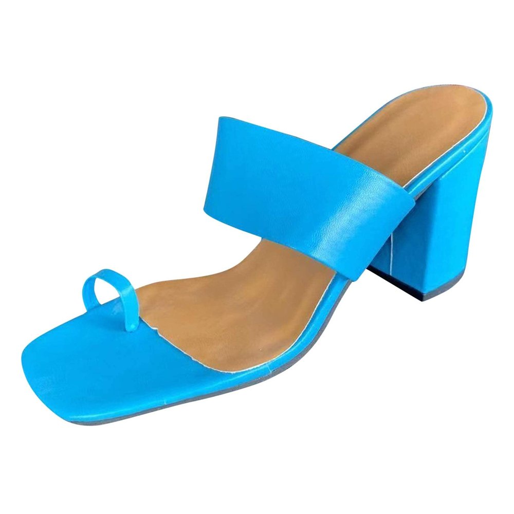 ZBYY Women's Square Toe Two Strap High Heeled Sandal Ring Toe Slip On Summer Sandals Dress Heeled Slippers High Slides