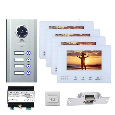 4 Apartment Bus 2 Wire Video Door Phone Intercom Systems 7 Inch Kit for Electronic Door Lock Home Night Vision