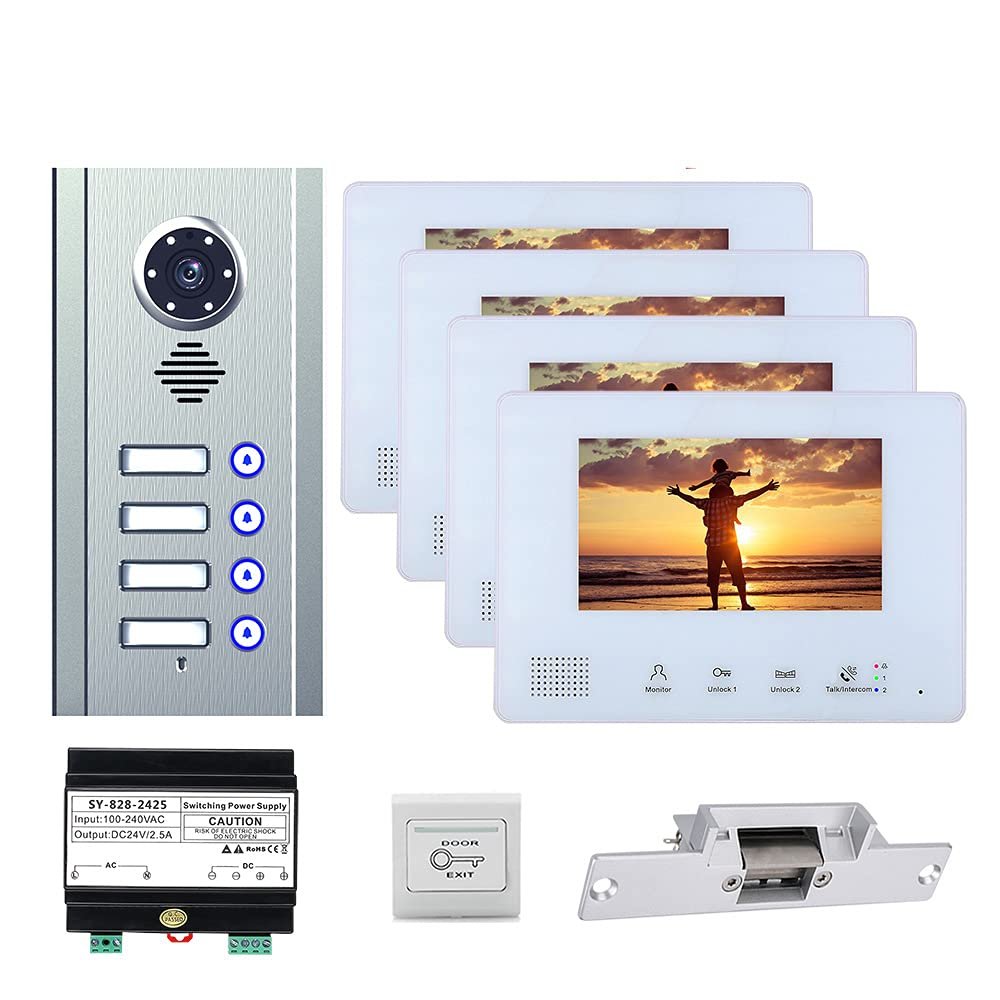 4 Apartment Bus 2 Wire Video Door Phone Intercom Systems 7 Inch Kit for Electronic Door Lock Home Night Vision