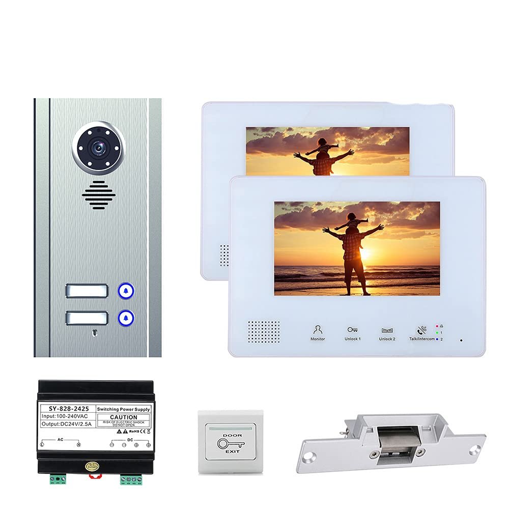 2 Apartment Bus 2 Wire Video Door Phone Intercom Systems 7 Inch Kit for Electronic Door Lock Home Night Vision
