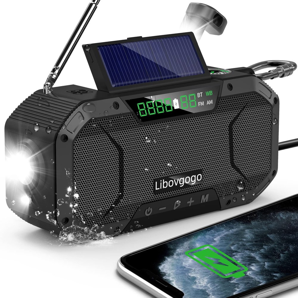 Emergency Radio Waterproof Bluetooth Speaker,Portable AM FM Radio with Flashlight,Reading Lamp,Hand Crank NOAA Weather Radio with Solar Panel,5000mAh/18500mWh Cell Phone Charger,Emergency Survival Kit