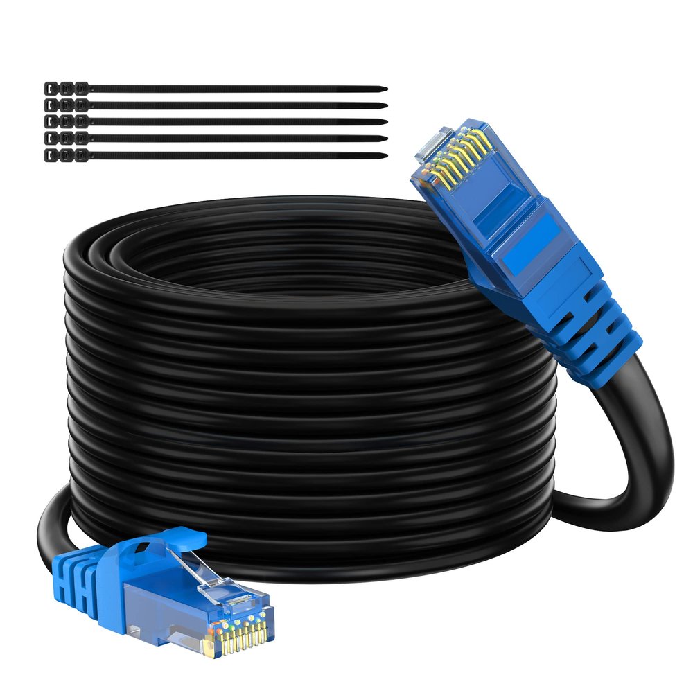 Adoreen Cat 6 Outdoor Ethernet Cable 250 Ft Black, High Speed Heavy Duty Long Internet Network Cable for POE Camera Cat 5 5e RJ45 LAN Patch Cable Cord, Sturdy Waterproof Direct Burial+25 Ties