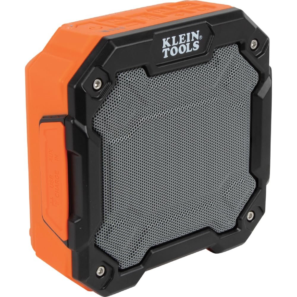 KLEIN TOOLS AEPJS3 Bluetooth Jobsite Speaker with Magnet and Hook, 20-Hr Run Time, Charge Via USB A or C, Pair Multiple Speakers Via Broadcast, Hands Free Capable