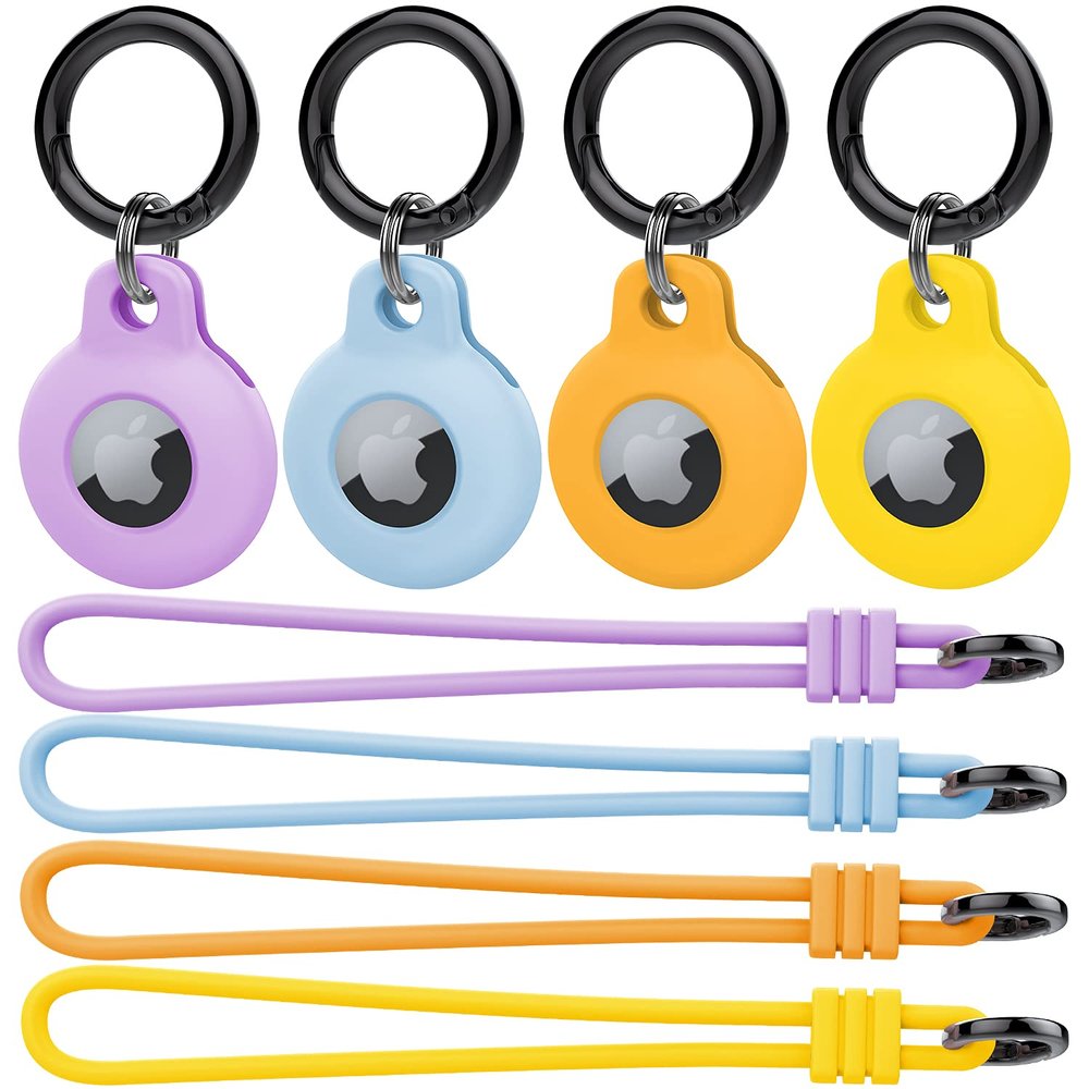 Kanya Silicone Case Compatible with AirTag,4 Pack Soft Anti-Scratch Shockproof Protective AirTag Skin Cover Holder with Keychain Carabiner (Light Purple+Cloud Blue+Orange+Yellow)